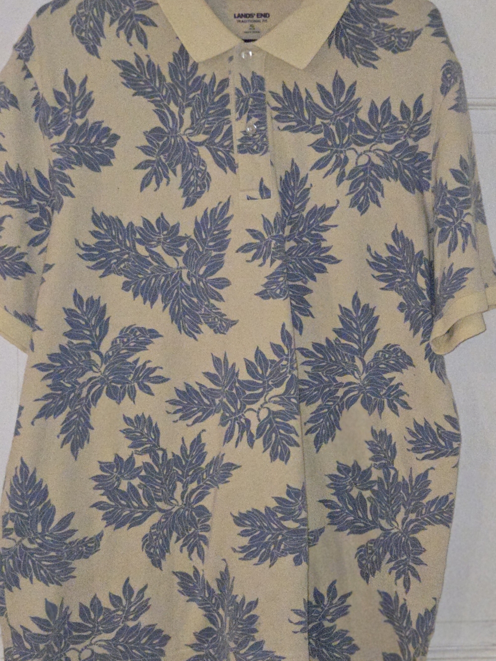 Lands' End Yellow Polo with Blue Leaf Print